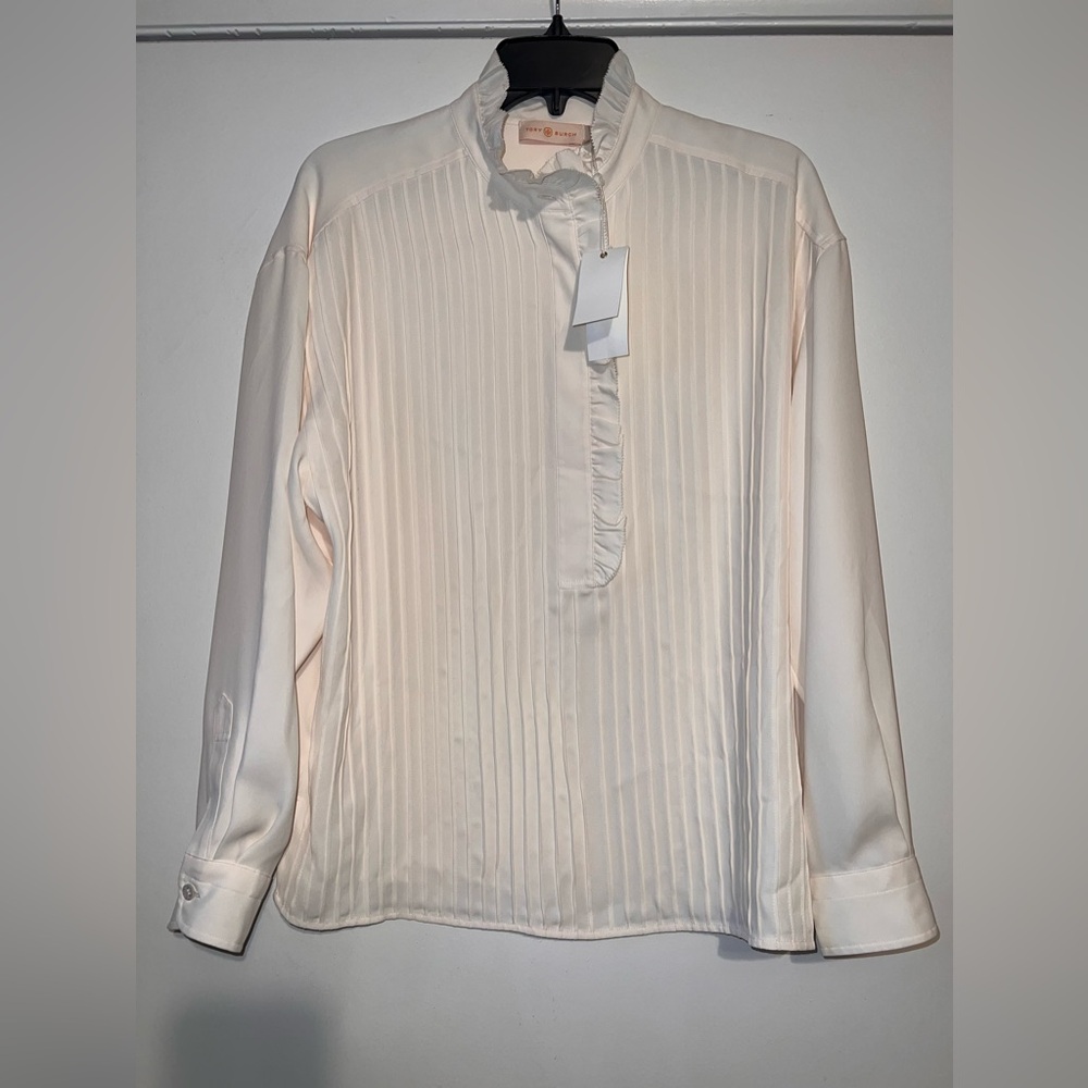 $458 Tory Burch Deneuve Ruffle Collar Pintacked Long Sleeve Blouse Sz 8